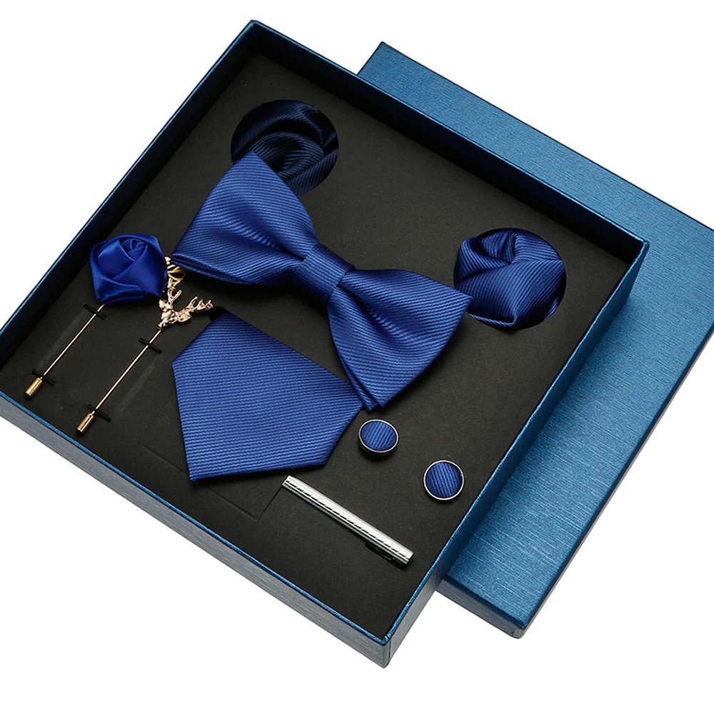 8pcs Luxury Mens Ties Set In Gift Box 100% Silk Neck Tie With Festive Wedding Bowtie Pocket Squares Cufflinks Clip Brooches Suit