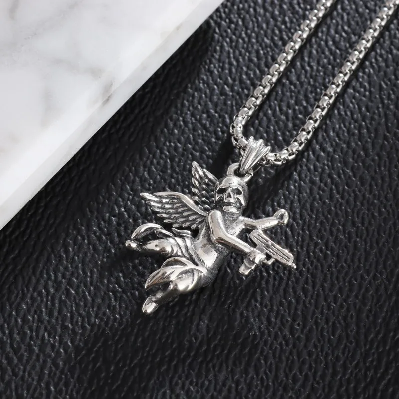 Retro Gothic Skull Angel Mobile Pendant Necklace Men Women Hip Hop Party Defending Peace Jewelry