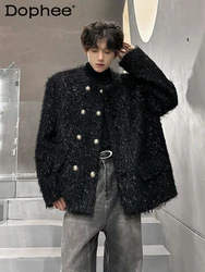 2024 Autumn Winter Male Light Luxury Handsome High-end Collarless Jacket Tops Men's Double-breasted Small Fragrant Plush Jackets