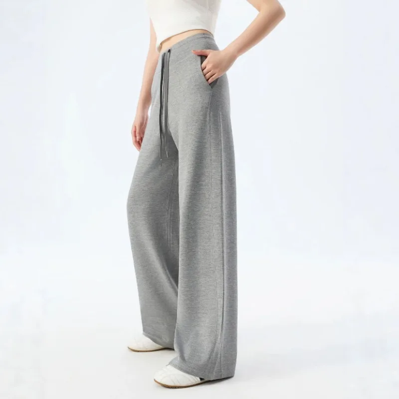 Women's Fleece Lined Wide Leg Sweatpants with Pockets, Drawstring Wide Leg Sweatpants, High-Waisted Soft Casual Loose Fit Flared