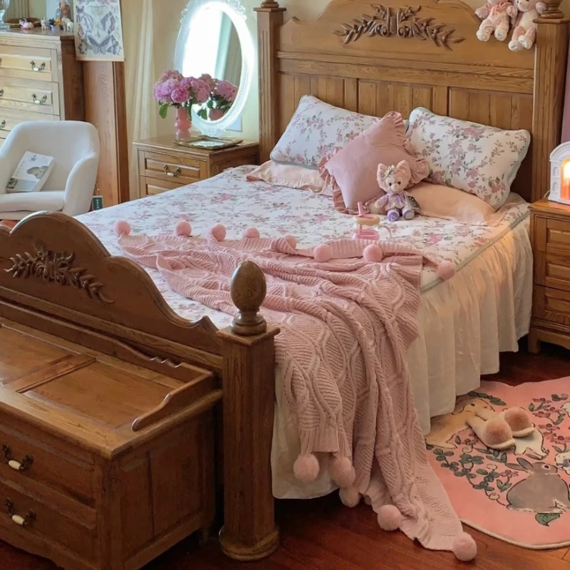 American solid wood double wedding bed French retro oak bedroom children's villa master bedroom princess bed studio shooting