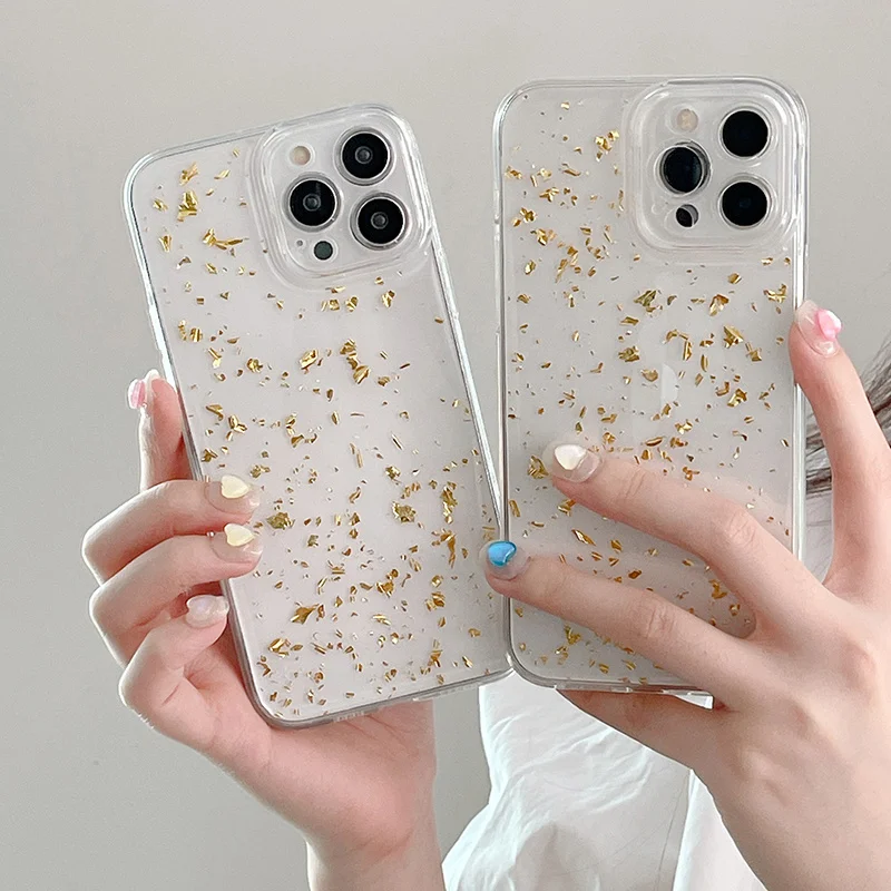 Ottwn Gold Foil Clear Phone Case For iPhone 15 13 12 11 14 Pro Max X XR XS Max 7 8 14 Plus Camera Protection Soft TPU Back Cover