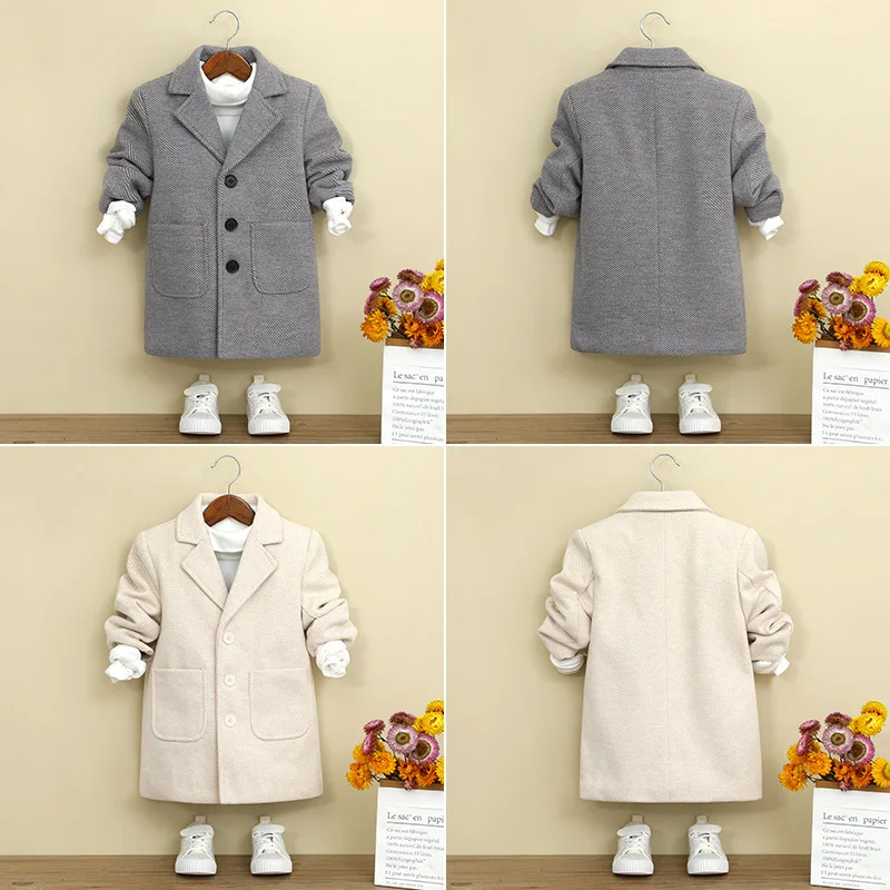 Autumn Winter Children Boys Woolen Coat Turn Down Collar Little Boys Trench Coat Windproof Warm 2-14Y Kids Boys Jackets Blazer
