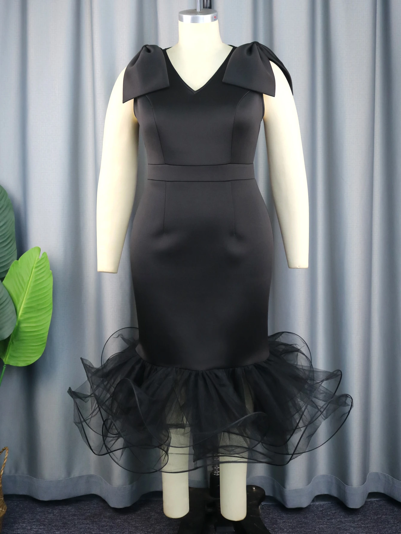 Women Evening Vestidos De Mujer Mesh Patchwork Rruffles Bow Female Black Dresses Ladies High Waist Sheath Sexy Dress Dropship
