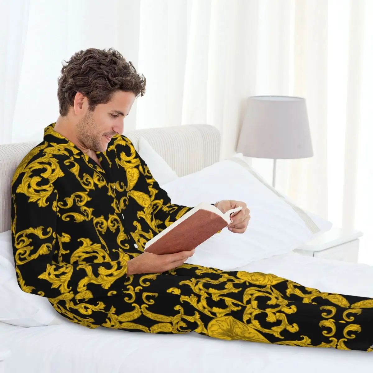 Conjunto de pijamas para hombre de otoño invierno de manga larga ropa de casa barroca dorada ropa de dormir 2 unids/set