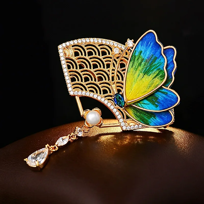 Oriental Aesthetics National Style Edelweiss Butterfly Fan Brooches Freshwater Pearl Fringed Broche Smart Fresh Cheongsam Pin