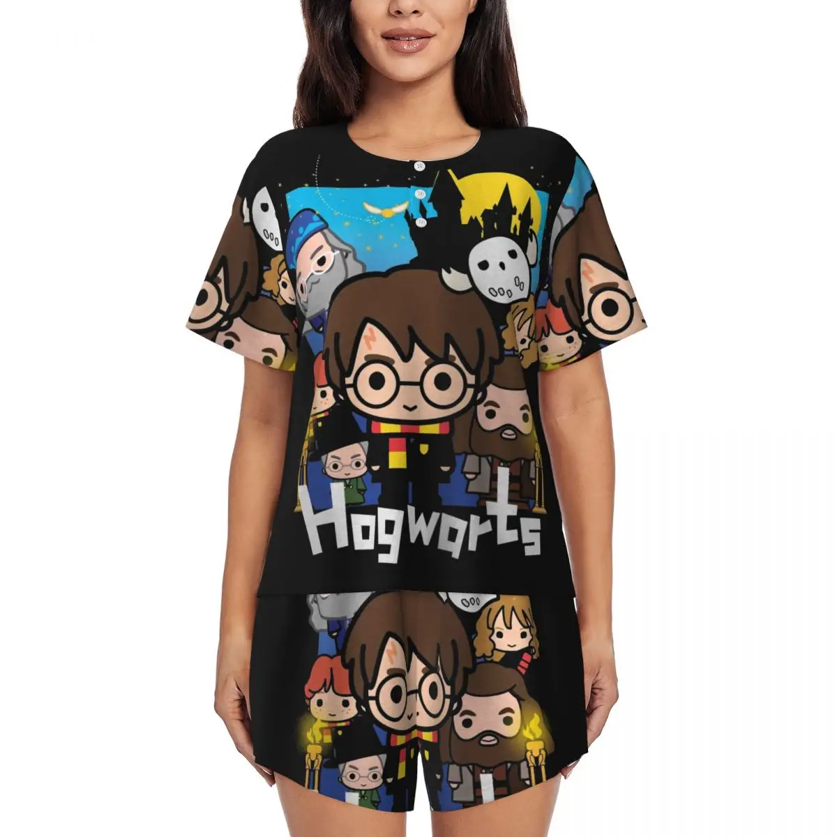

Women's Harrys Magic Adventure Movies Potters Pajamas Set Custom Print 2 Piece Pjs Sets Short Sleeve Sleepwear Loungewear