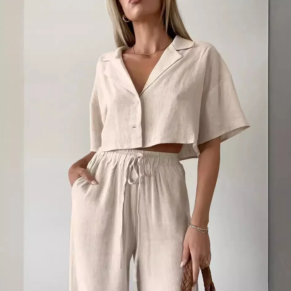 2024 New Arrival Cotton and Linen Pant Sets for Women - Loose Fit, High Waist Wide Leg, Short Sleeves, Chic and Casual