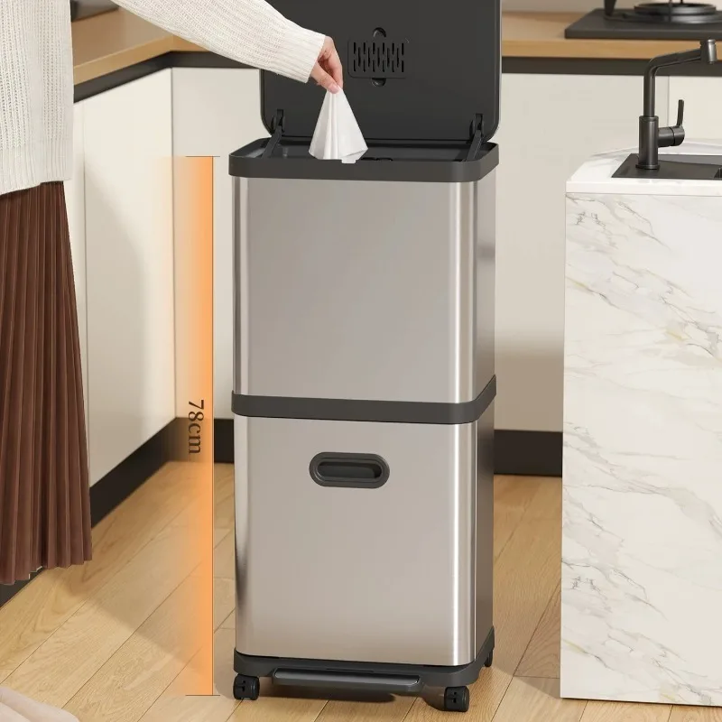 Stainless Steel Trash Can Wheeled Large Capacity Separate Trash Bin Kitchen Anti Odor Foot Pedal Litter Bin Wastebasket with Lid