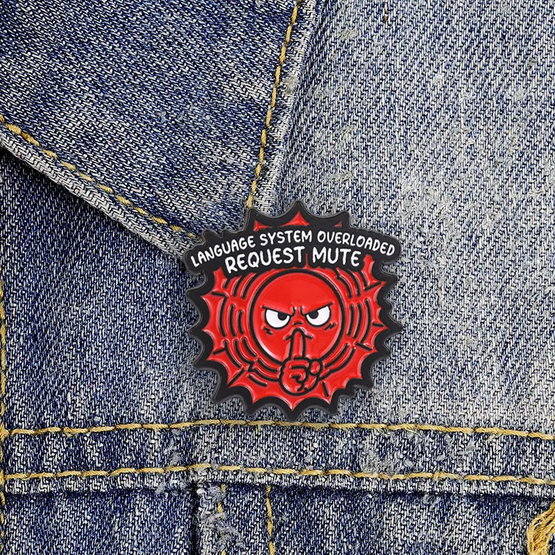 Red Angry Face Request Mute Sign Enamel Badges Introvert Social Battery Pin Brooches Jewelry Gifts