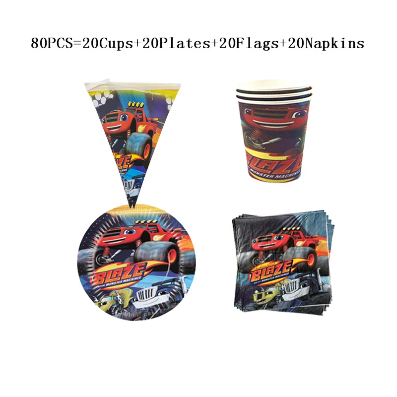 Blaze And The Monster Machines Theme Party Supplies Children Birthday Blaze Paper Cups Plates napkins Flags Tablecloth Supplies