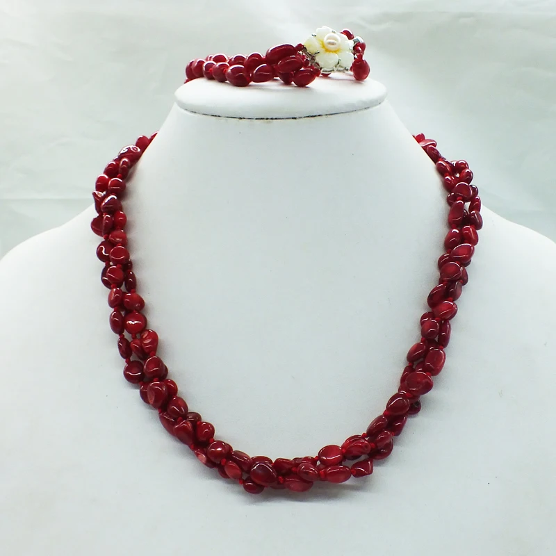 

Unique Its gorgeous classic 3 shares red coral necklace Bracelet Earrings Wedding Jewelry Set 18"