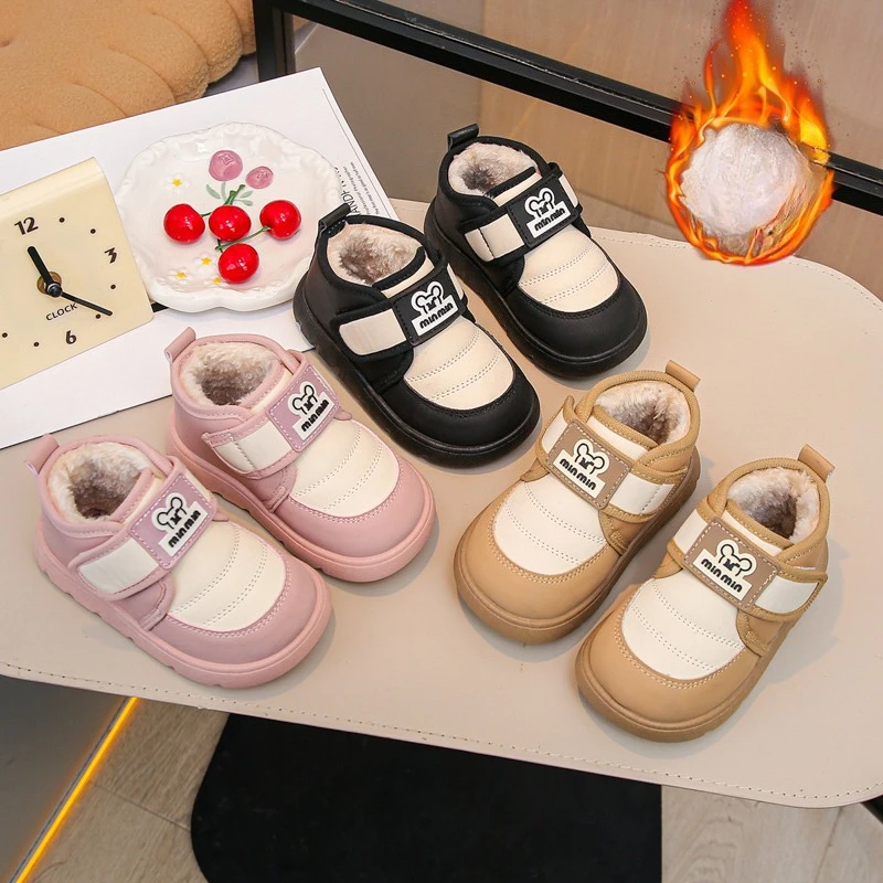 

Детская хлопковая обувь для малышей 1–12 лет, утолщенная прогулочная обувь цвета хаки с подкладкой для мальчиков и девочек, розовые мягкие нескользящие детские зимние сапоги