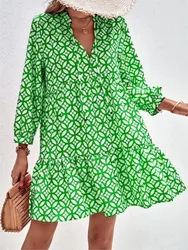Casual Boho Holiday Clothing Floral Print Dress For Women V Neck Three-quarter Sleeve Spring Autumn Elegant Party Dresses Female