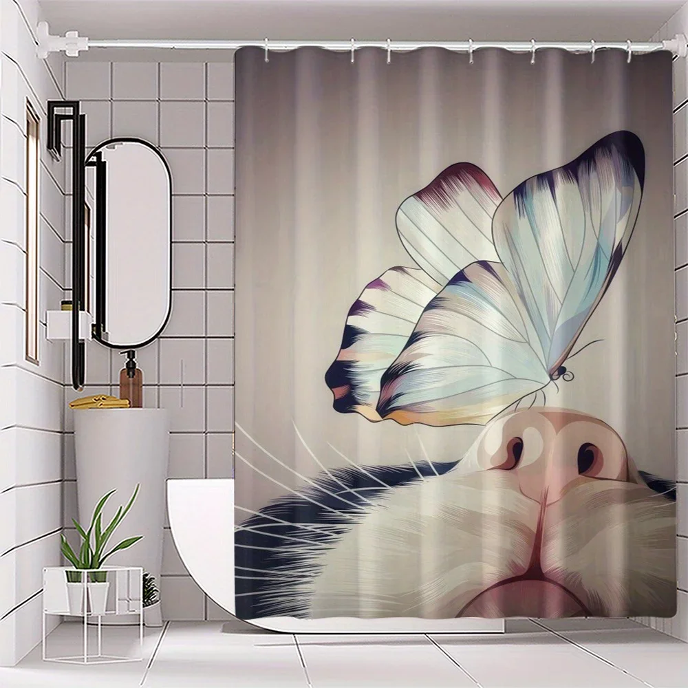 

1 шт. полиэстеровая занавеска для душа с причудливым принтом кота и бабочки, можно стирать в машине, декор для ванной комнаты на все сезоны