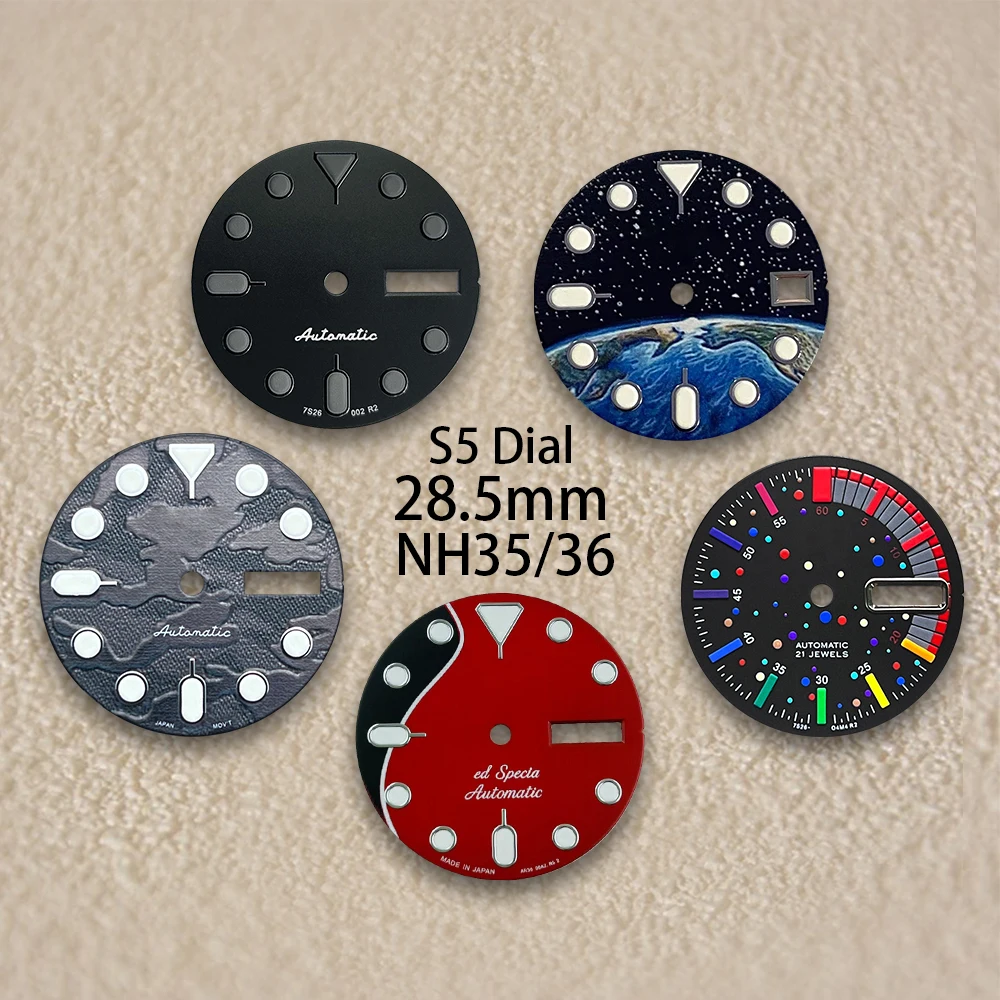 28.5mm SKX007 S 5 Dial Fit NH35/36/4R36 Movement Green Luminous camouflage/Colorful Dual Calendar Watch Modification Accessories