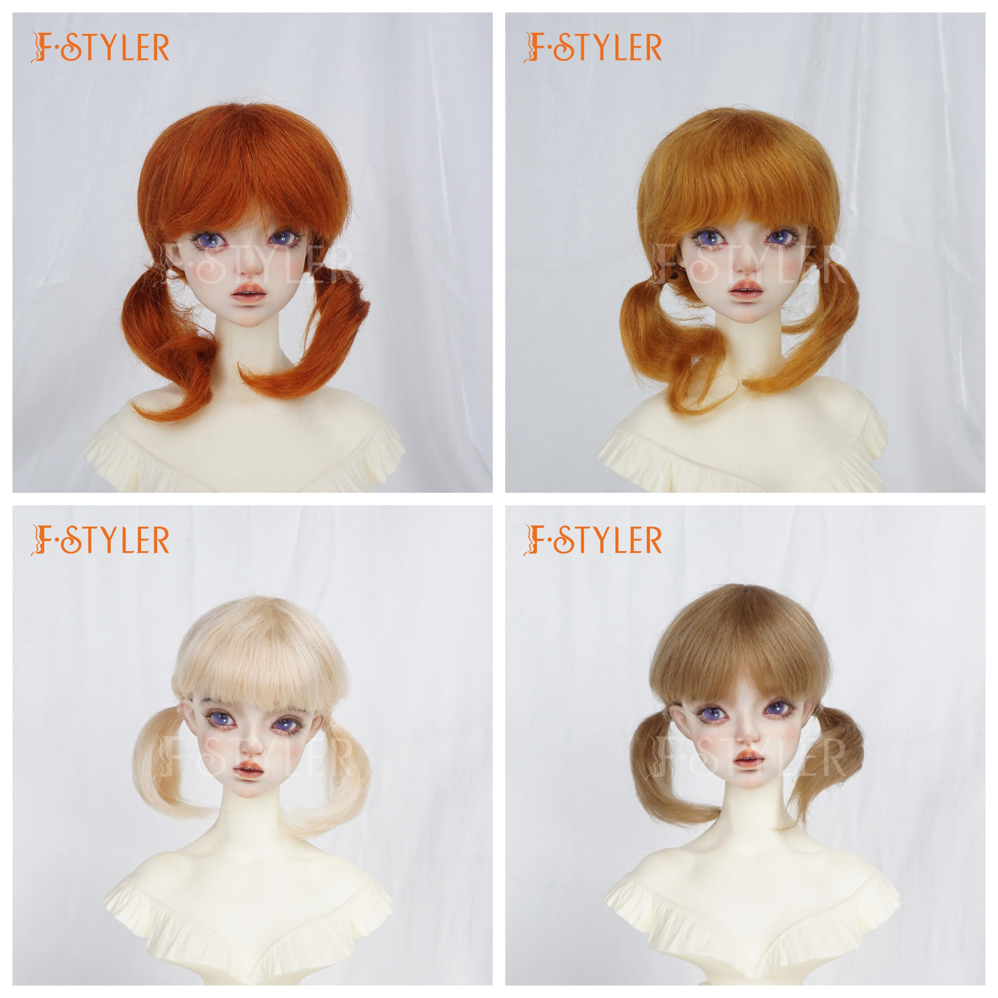 

FStyler 7-8inch Mohair Doll Wig Brown Full Bangs Short Double Ponytail Braids 1/3 1/4 Blythe BJD Wigs Fashion Dolls Accessories