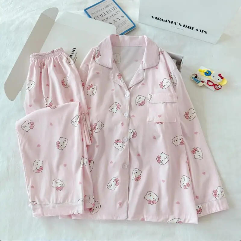 

Sanrio Hello Kitty Women's Round Neck Pajamas Kawaii Cartoon Winter Leisure Long Sleeves Long Pants Outerwear Homewear Set New