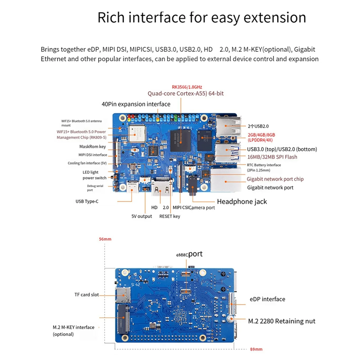 Entwicklungsboard-Modul für Orange Pi 3B Entwicklungsboard Orange Pi 3B Quad Core RK3566, unterstützt EMMC-Modul, RAM 8 GB – L47 A