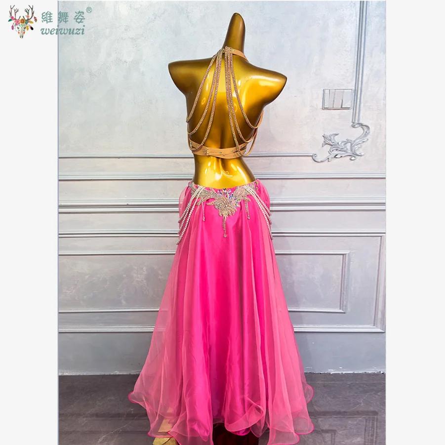 Bauchtanz-Kostüm-Set, individuelle Gestaltung, luxuriöser Diamant-BH + sexy geteilter langer Rock, 2-teilig, orientalische professionelle Performance-Kleidung