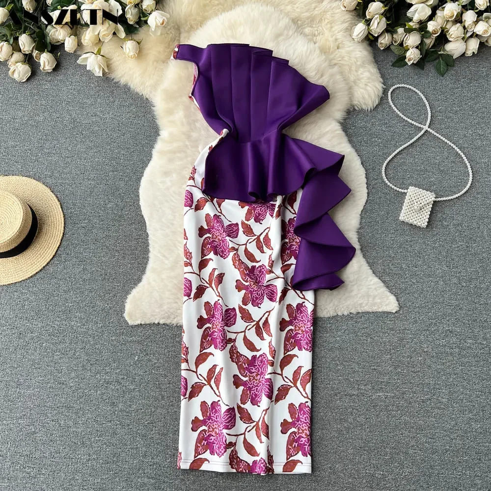 

Summer Irregular Bust Ruffle Print Splicing Slash Neck Women Party Bodycon Evening Dresses