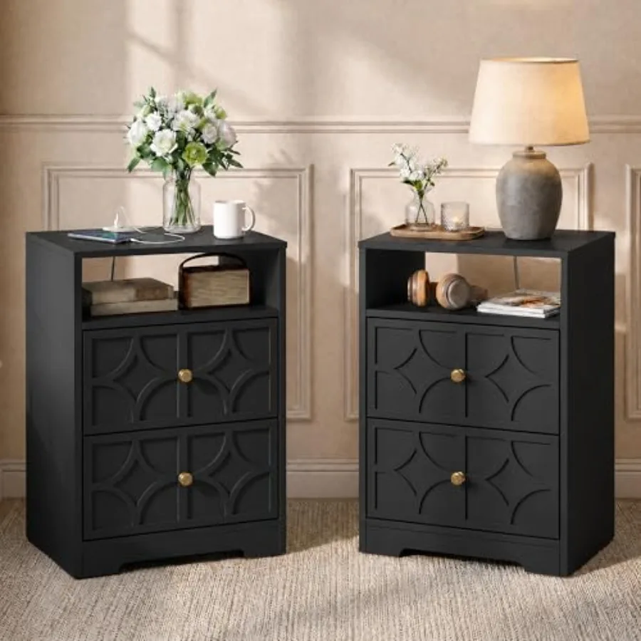 Nightstand Set of 2, Large Night Stand with Charging Station, Modern Side Table with 2 Drawers, Accent End Table, Storage Cabin