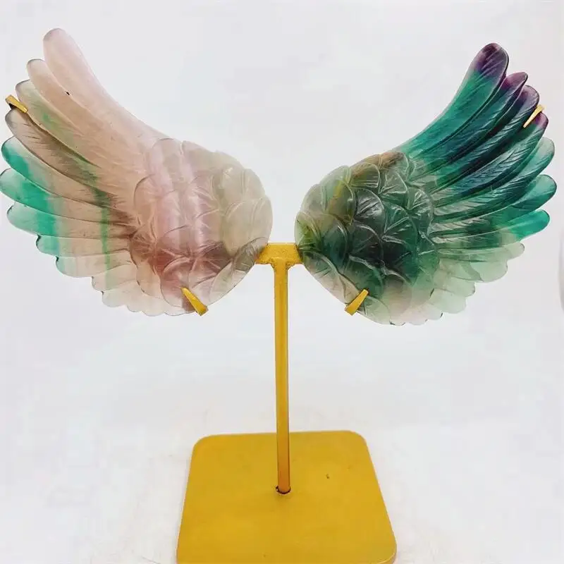 

Natural Fluorite Crystal Angel Wings Carving Quartz Healing Crafts Gift Room Decor Home Decoration Contains The Bracket 1pair