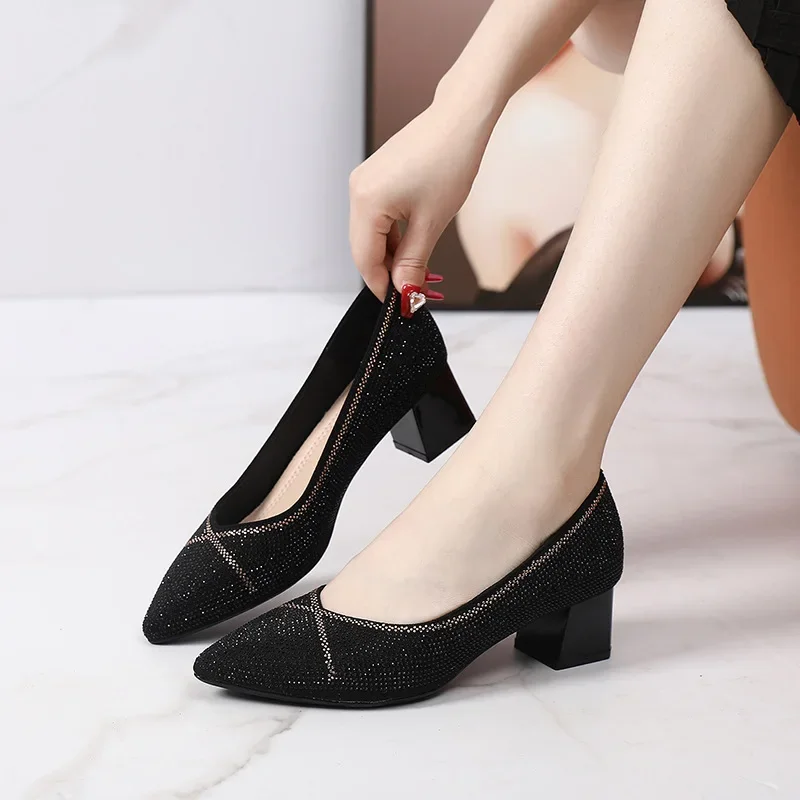 Genuine Leather Woman Shoes Pointed Toe Rhinestone Pumps Thick Heel Party Wedding Shoes Female Loafers Ladies Dress High Heels