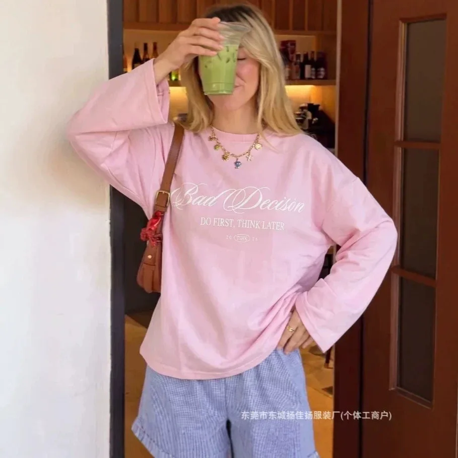 Sweet Y2K Women 100% Cotton Long Sleeve T Shirt Bad Decision Do First Think Later Print Round Neck Loose Casual Streetwear Tees
