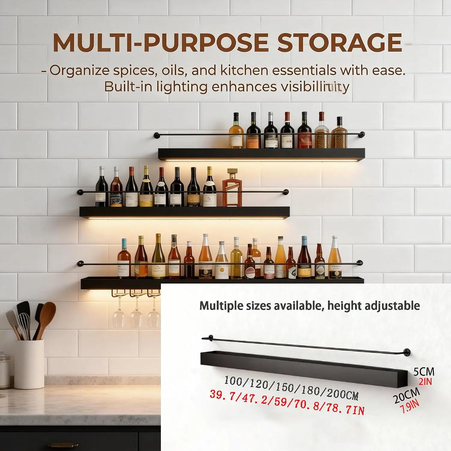 LED-Lighted Wall Mount Wine Rack, Black, 59 Inch/150 cm