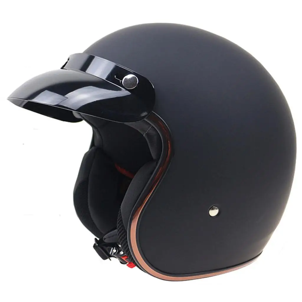 ヴィンテージ風の軽量オープンフェイス型バイクヘルメット。高密度クッションと日よけ付きで、バイクの安全性を高め、ヘルメットの装着感を向上。