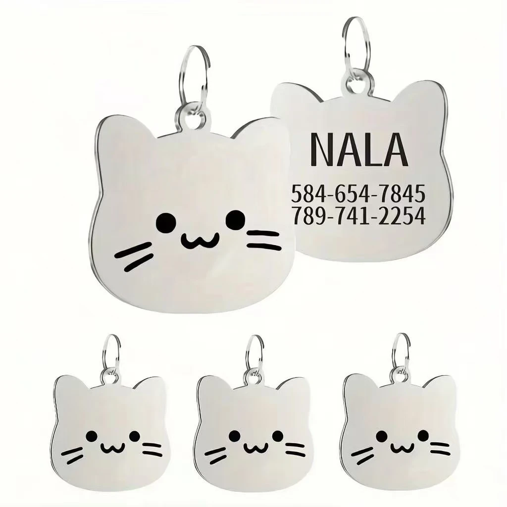 Étiquettes d'identification personnalisées pour animaux de compagnie, étiquettes d'identification anti-perte avec numéro de téléphone personnalisé, étiquettes de collier mignonnes de haute qualité en forme de tête de chat pour chats et chiens