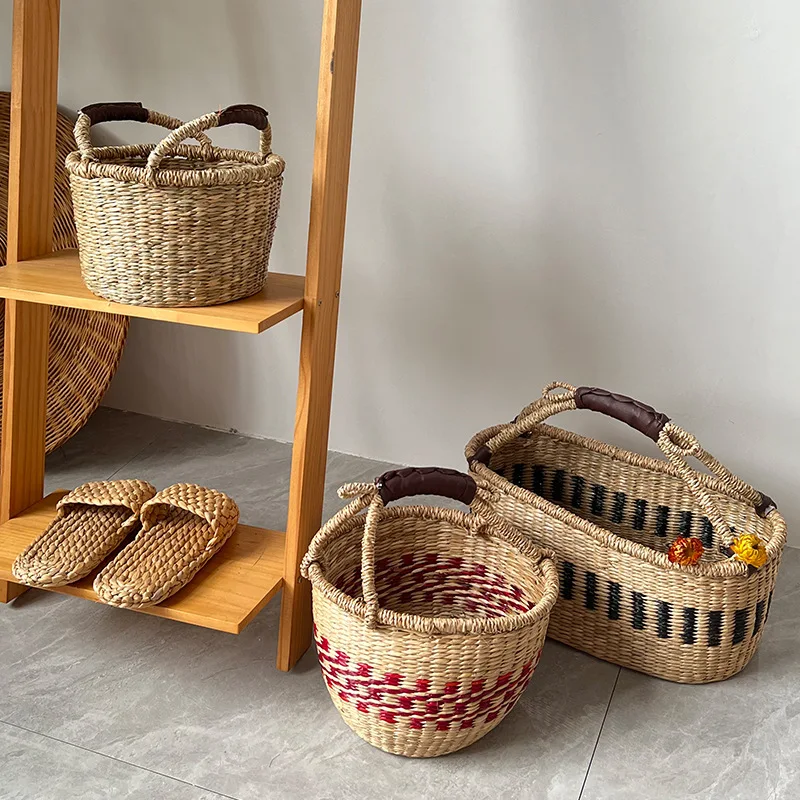 

Colorful seagrass woven storage basket, hand woven desktop organizing basket, fruit picnic snack fruit and vegetable basket bag