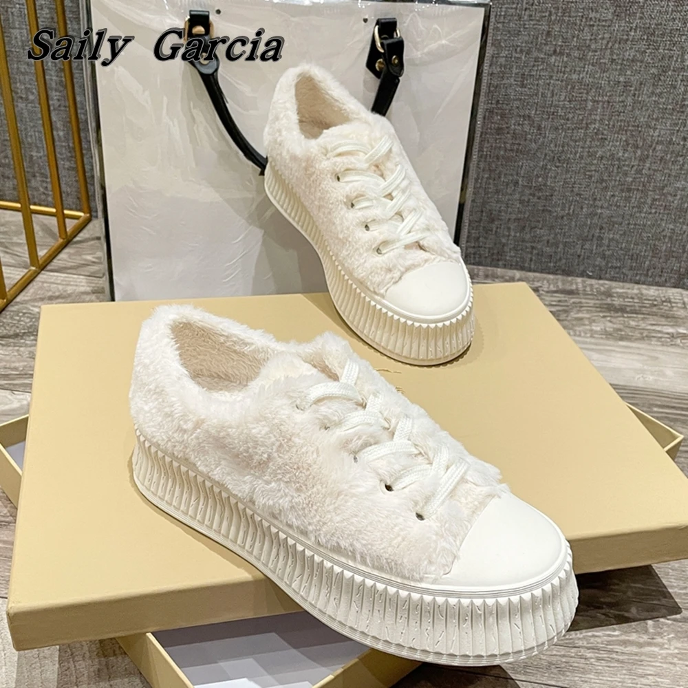 Round Toe Solid Fur Short Plush Lace Up Flat Shoes Winter New Waterproof Thick Sole Vulcanized Shoes Solid Casual Women Shoes