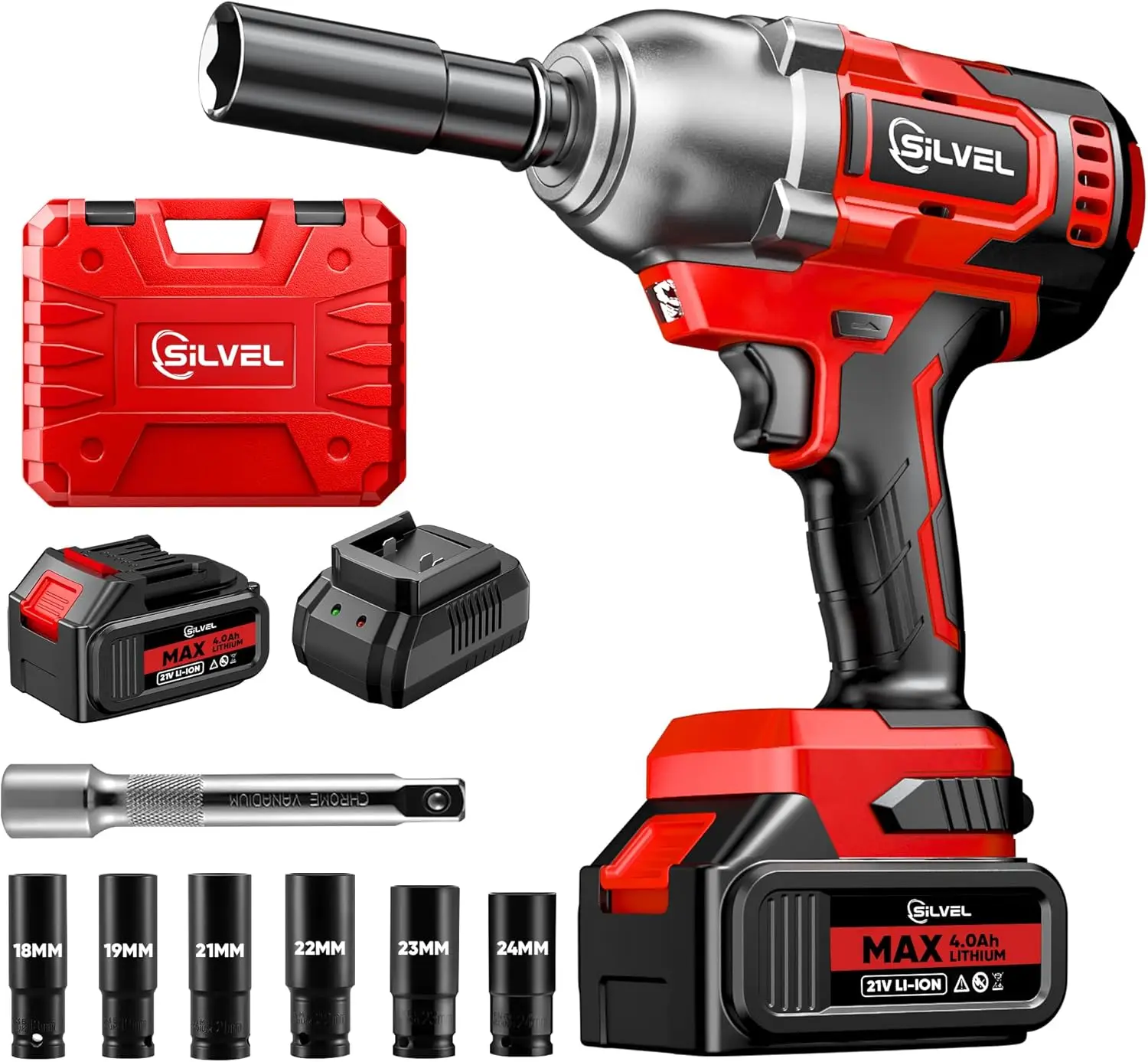 

Cordless Impact Wrench, MAX 650N.M Brushless Impact Gun 1/2 inch, 4.0Ah Battery, 6 Sockets, 3300RPM Impact Driver wih Fast Charg