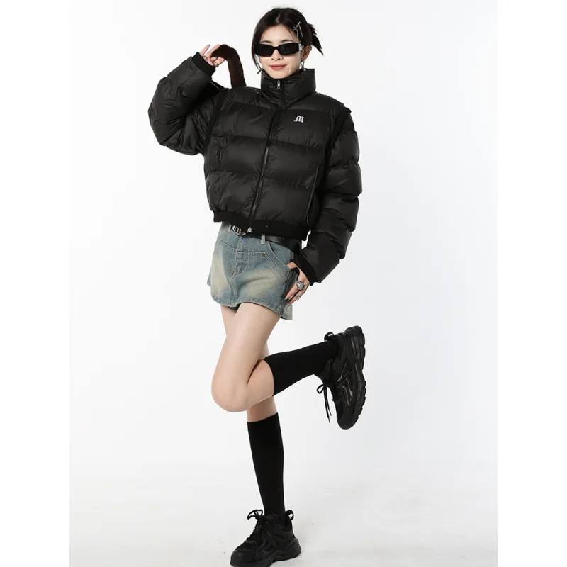 Women Black Short Down Jacket Stand Collar Fashion American Thicken Warm Feather Duck Down Female Puffer New Winter Outwear