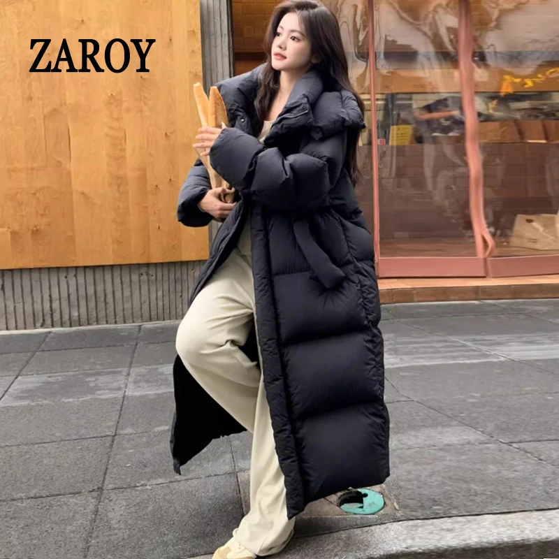 سترة شتوية طويلة للنساء من ZAROY بغطاء للرأس مقاومة للرياح معطف دافئ سميك للأسفل ملابس خارجية للثلج سترات للتزلج Дلينندي كردوك