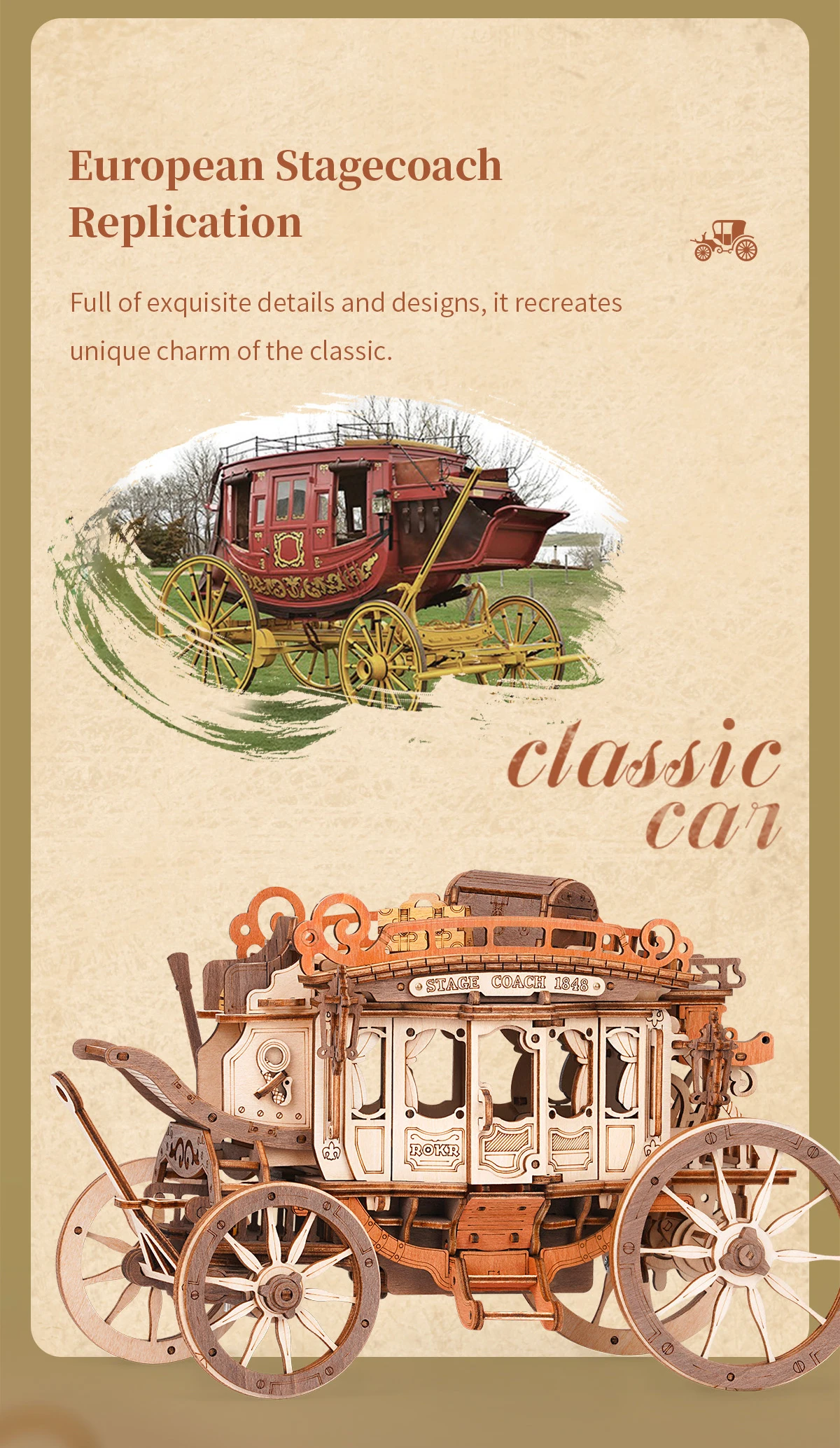 Robotime Rokr Stagecoach Music Box 3D Wooden Puzzle for Adults Birthday Anniversary Day Gift Hobby STEM Kits Model Easy to Build