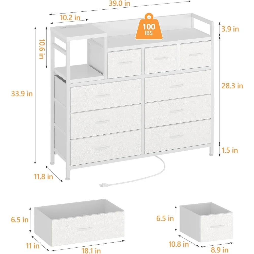 White TV Stand with 9 Fabric Drawers and Built-In Charging Station - Multi-Functional Storage Solution for Living Room