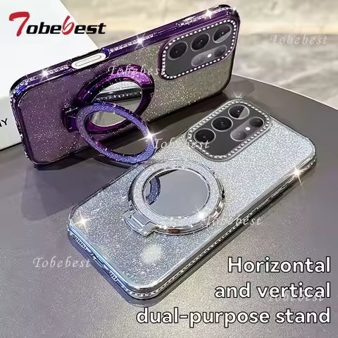 Diamond Glitter Magsafe Mirror Magnetic Holder Case For Samsung Galaxy S25 S24 S23 S22 S21 S20 Ultra FE Plus Silicone Cover