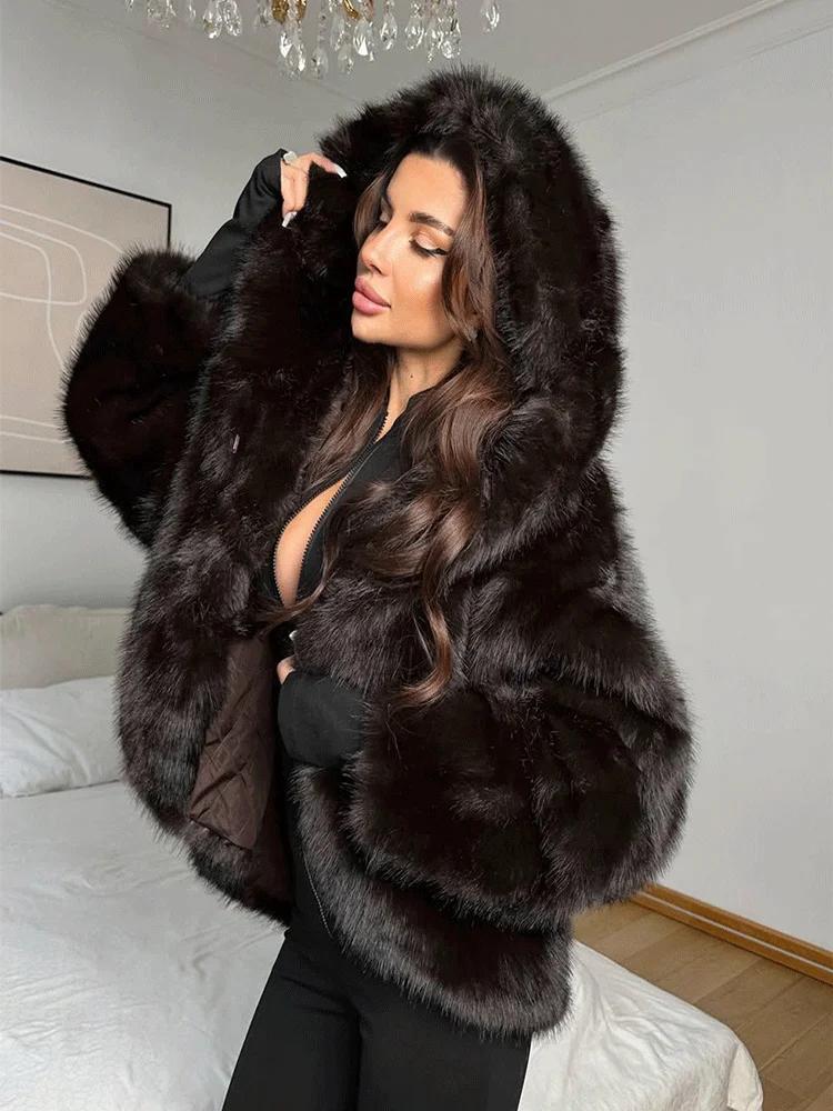 

Tsiisd Winter Fashion Warm Fur Feather Outwear Hoodie Jacket Streetwear Loose Solid Sexy Fluffy Overcoat Women's Fur Feather New