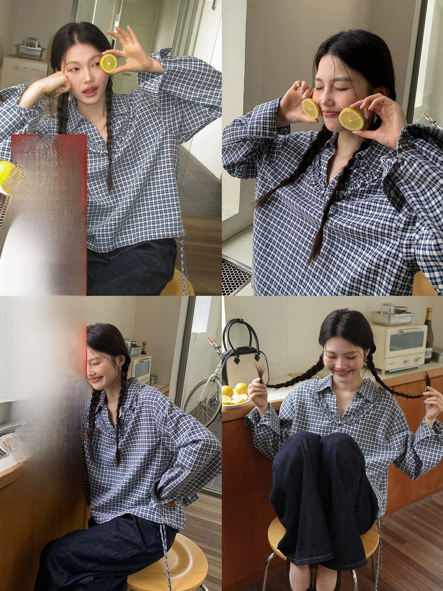 

Синяя клетчатая женская рубашка с длинными рукавами, новинка весеннего сезона, корейский дизайн, повседневный свободный крой, V-образный вырез, дышащий, удобный топ