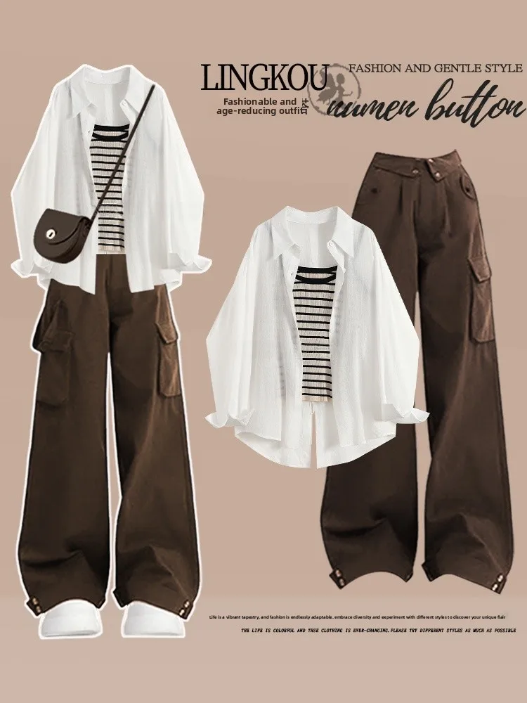 

Летний комплект из трех предметов в корейском стиле для женщин больших размеров: полосатый укороченный топ и брюки с высокой талией, защита от солнца, повседневный шик, ретро-стиль.