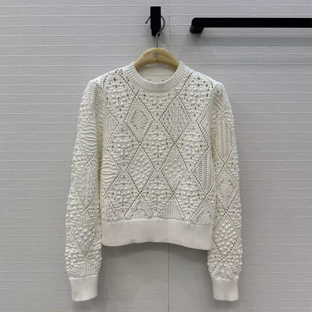 

New Sweet Vintage White Hollow Out Crochet Argyle Pattern Cotton Knitte Pullover Women Short Design O-neck Long Sleeve Sweater