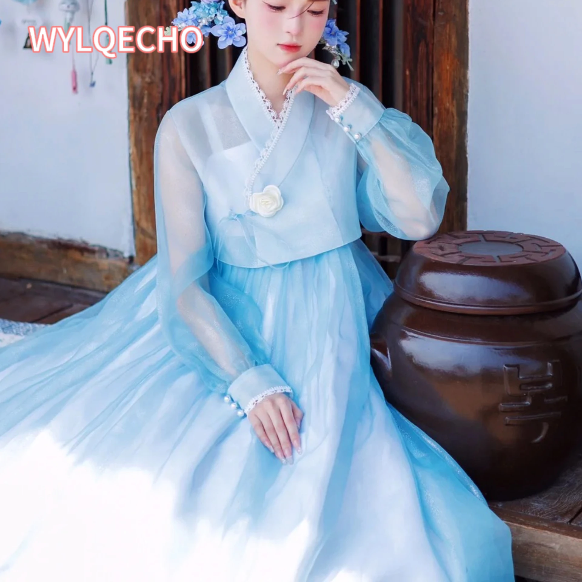 Hanbok Traditional Korean Clothing Hanbok Dress for Women New Blue Modernized Hanbok Halloween Costume Cosplay Wedding Hanbok 한복