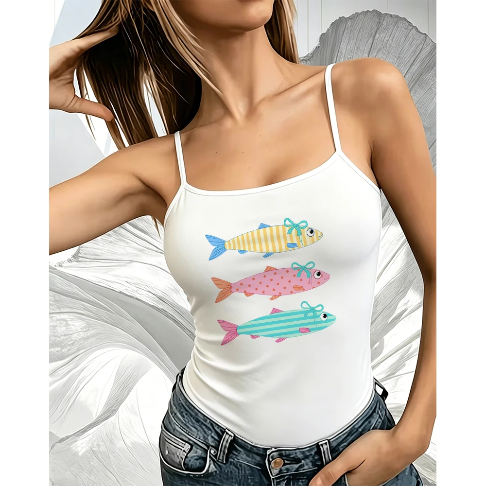 Colorful Fish Cami Women Striped Polka Dot Print Tank Top Sleeveless Vest Summer Trendy Fashion Vibrant Daily Wear Fun Art Tee