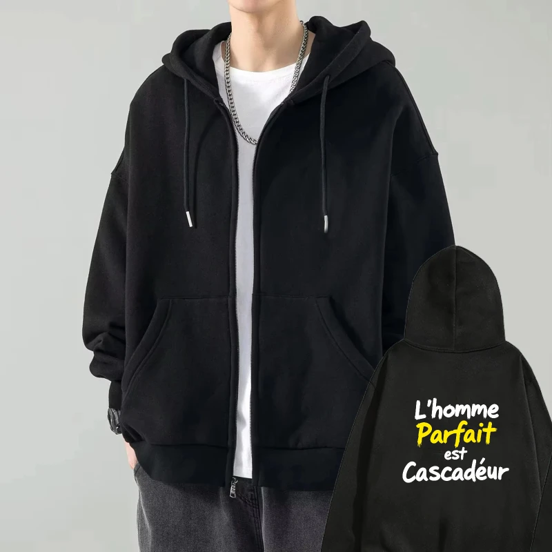 

Mens Hooded Jacket Black L homme Parfait est Cascadeur Printed Casual Streetwear Outwear for Daily Wear and Fashion Statements