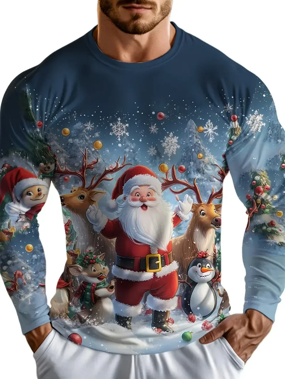 Men Christmas Long Sleeve T‑Shirt Santa Reindeer Penguin Snow Scene Print Crew Neck Fall Winter Holiday Party Tee Tops
