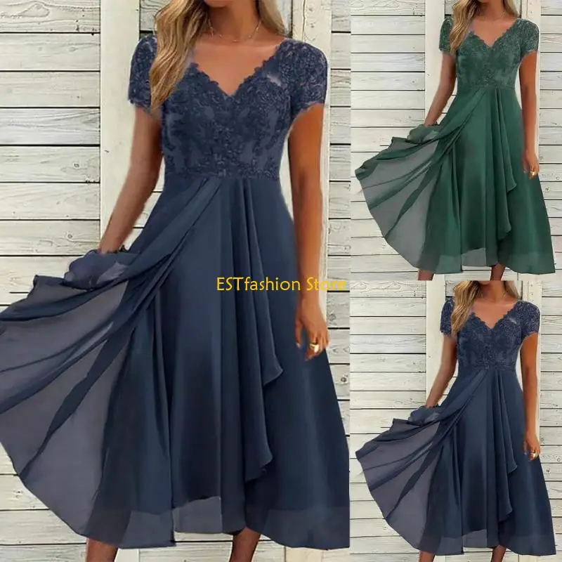 Váy chính thức của Y5GC Wome, Florals Lace Long Prom Váy ngắn tay V Cổ phù dâu váy cưới cho khách Maxi váy Maxi