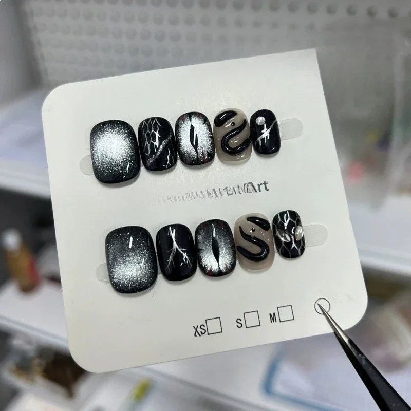 10 stuks zoete coole kunstnagels kort vierkant druk op nagels cat eye nepnagels handgemaakte donkergroene glitter nagel retro manicure nagel